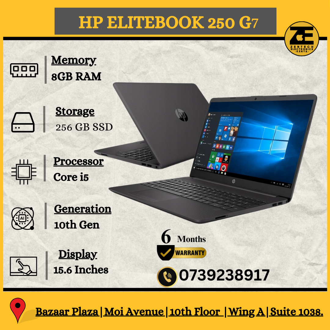 An HP EliteBook 250 G7 laptop with a Core i5 processor, 8GB RAM, and 256GB SSD. The laptop is shown from multiple angles, displaying its black color and design details, including the keyboard, screen, and ports.